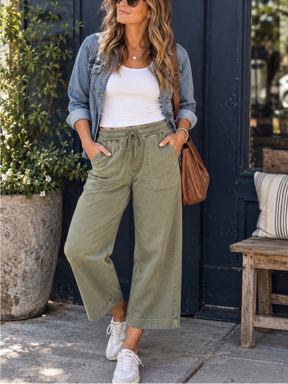 Athleta Pants Farallon Heathered Wide Leg Crop Green | Size 6P